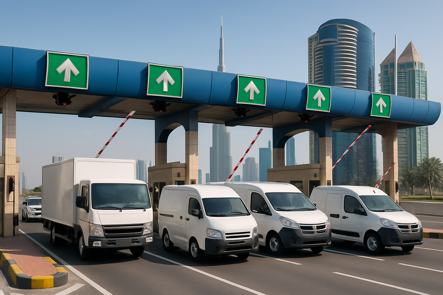 Fleet vehicles passing through automated toll booths in Dubai