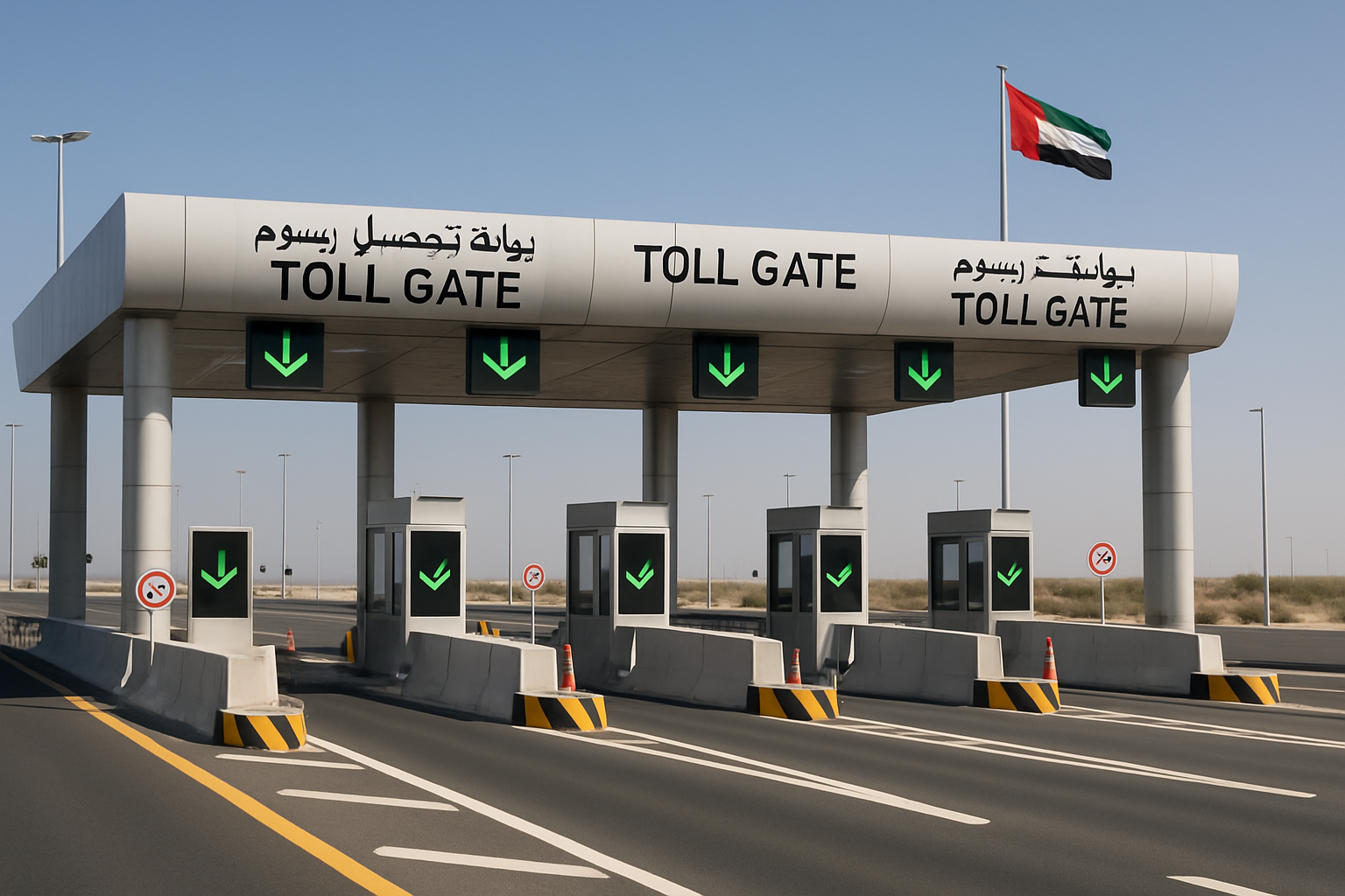 Modern toll plaza on a UAE highway with electronic gates